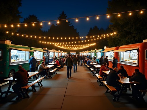 Illuminated food carts at Portland's Cartopia pod at night