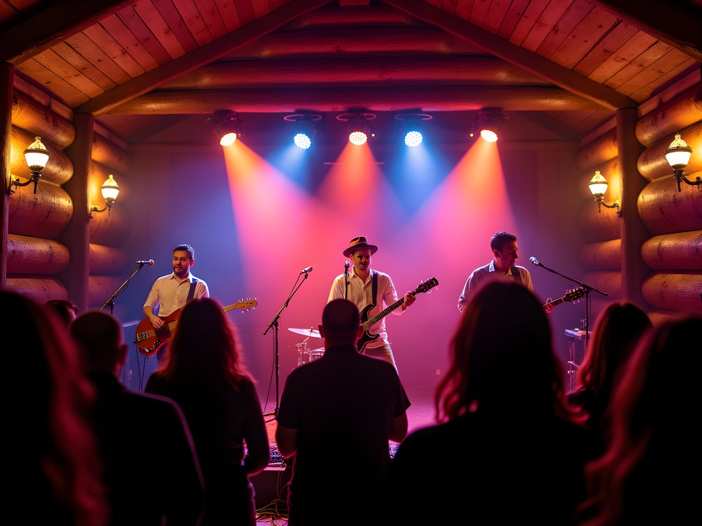 Live band performing at Doug Fir Lounge Portland with log cabin interior