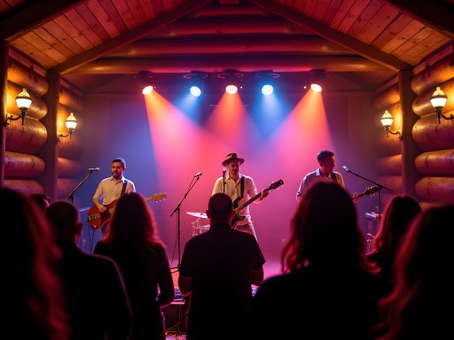 Live band performing at Doug Fir Lounge Portland with log cabin interior