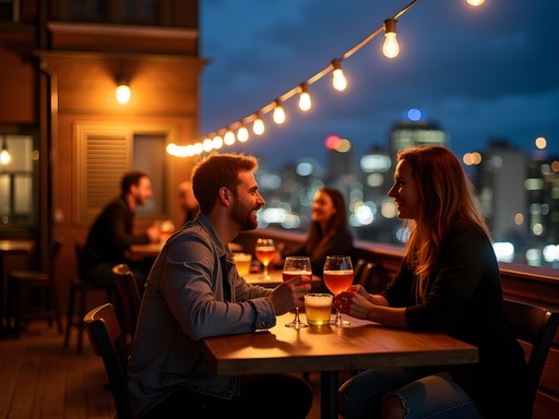 Revolution Hall rooftop bar Portland with city skyline views at night