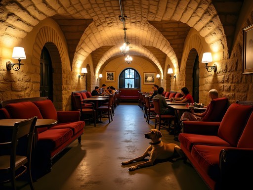 Atmospheric interior of Vzorkovna underground club in Prague showing interconnected cellar rooms with eclectic decor