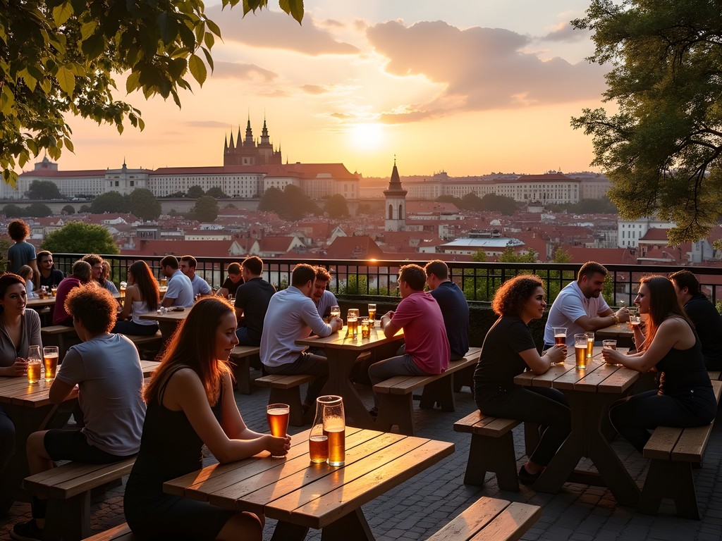 Sunset view from Letná Beer Garden overlooking Prague's red rooftops and Charles Bridge
