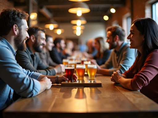Friends enjoying craft beer flight at a Raleigh brewery