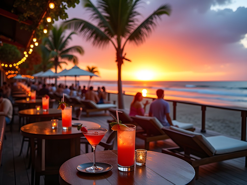 Sunset view from Quina do Futuro beach bar in Recife with colorful cocktails and ocean view