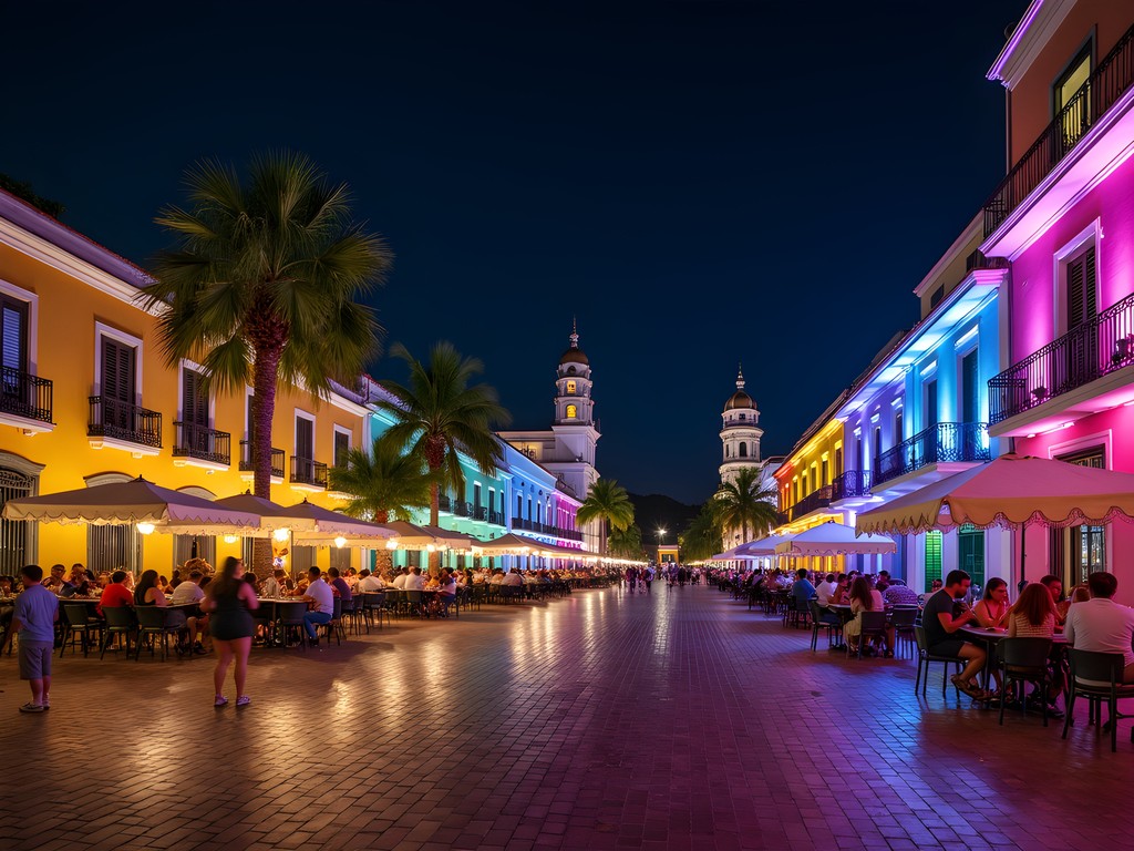 Marco Zero square in Recife Antigo illuminated at night with locals and tourists enjoying outdoor bars