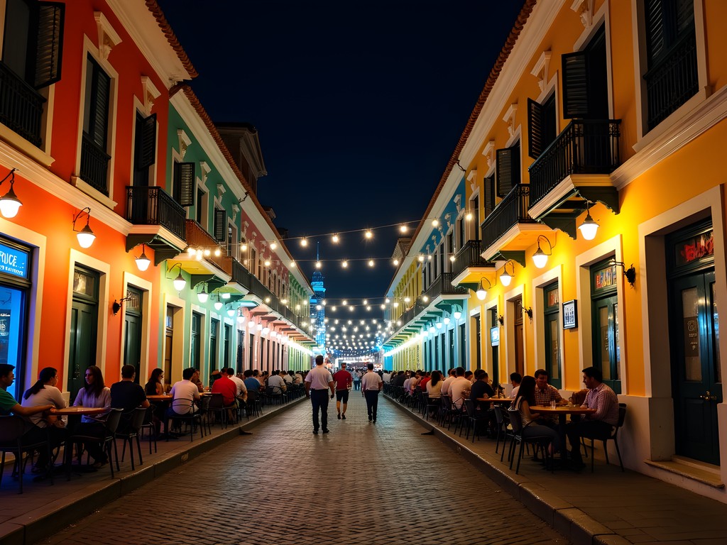 Vibrant street scene in Recife Antigo showing diverse nightlife crowd and historic architecture