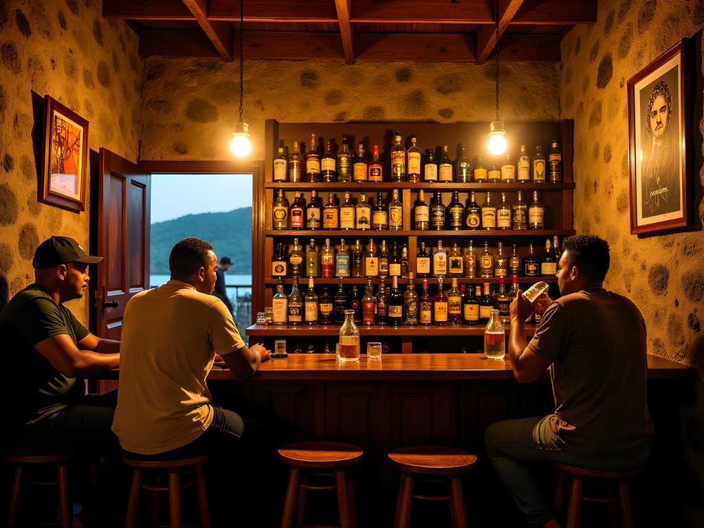 Stone-walled rum bar in Roseau with local patrons enjoying evening drinks