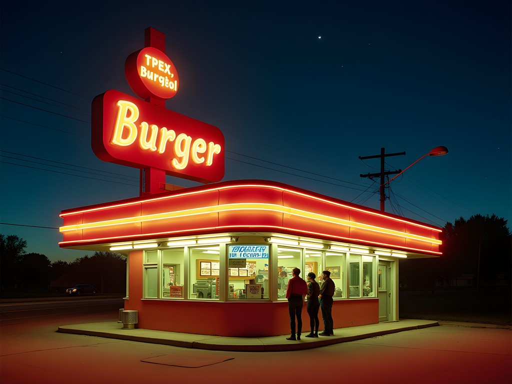 Vintage neon sign of Val's Rapid Serv illuminated at night in Saint Cloud