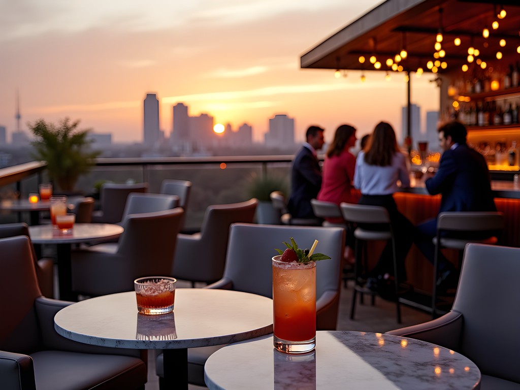 Elegant rooftop bar in San Antonio with craft cocktails and city skyline views at sunset