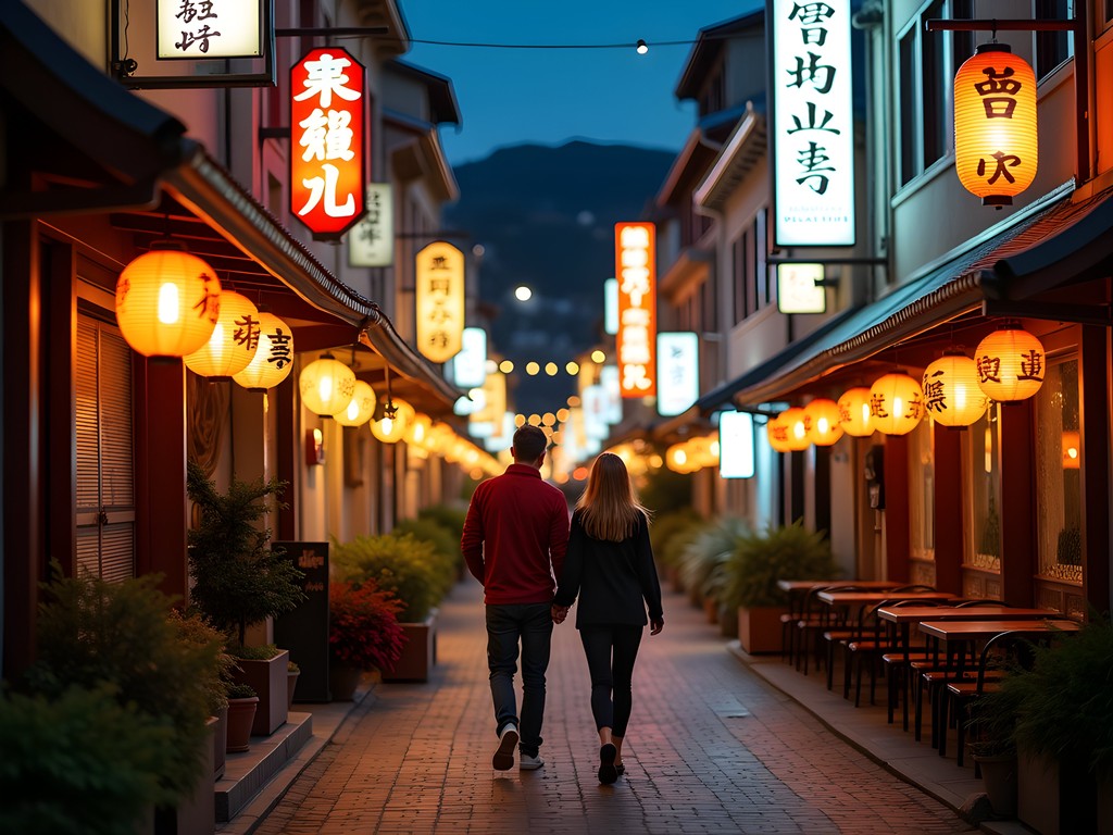 San Jose Japantown at night with illuminated Japanese signs and couples walking street