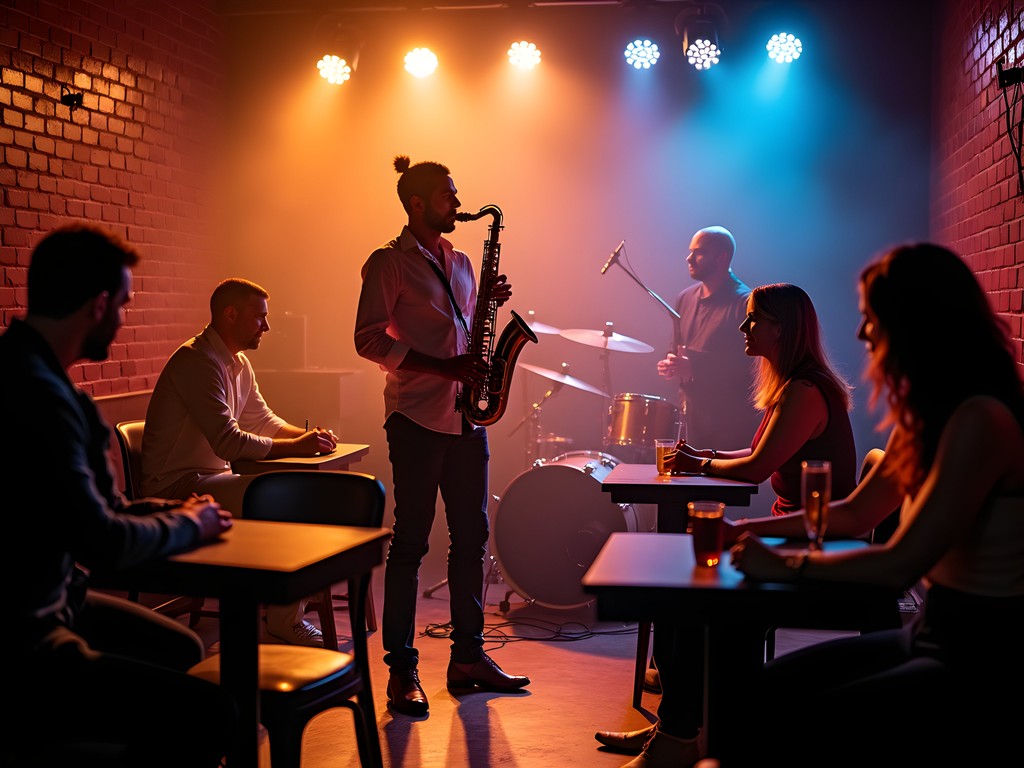 Jazz musician performing saxophone in intimate San Jose nightclub with couples watching
