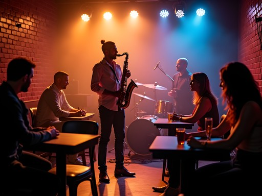 Jazz musician performing saxophone in intimate San Jose nightclub with couples watching