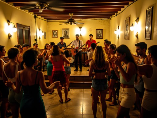 Interior of Casa de la Trova in Santiago de Cuba with live band performing traditional son music