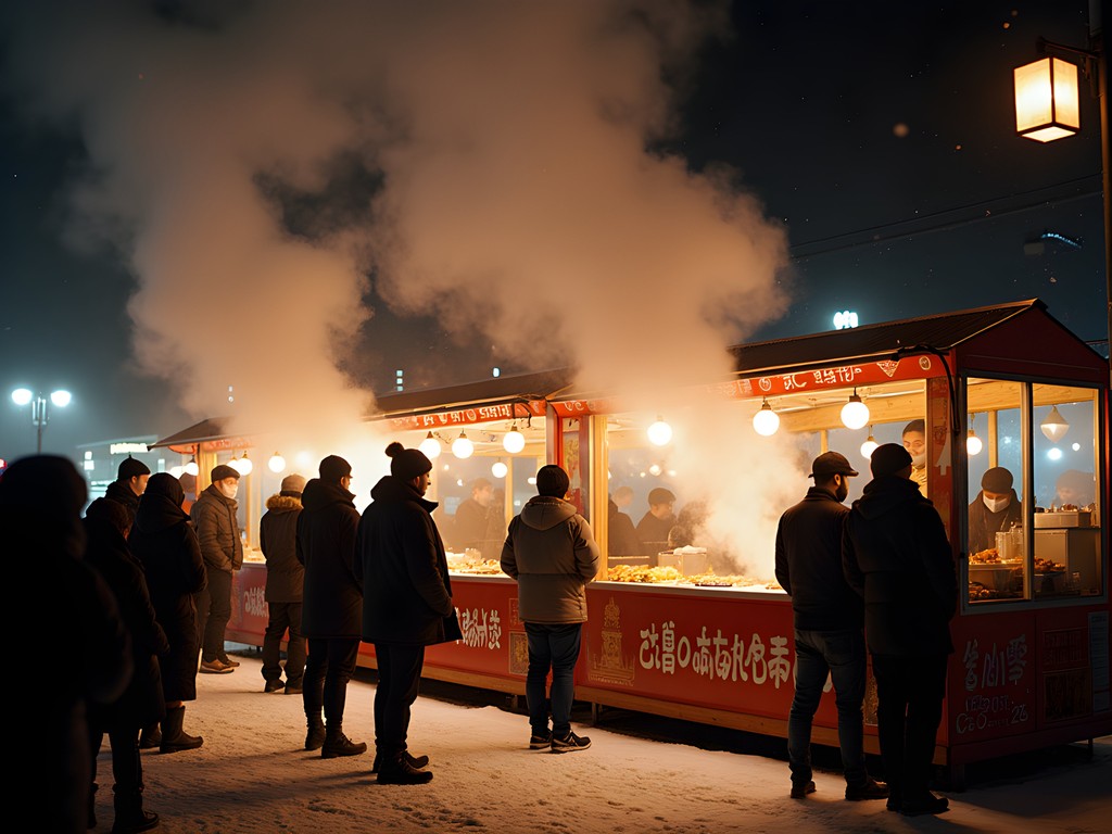 Steam rising from food stalls at a night market in Sapporo during winter