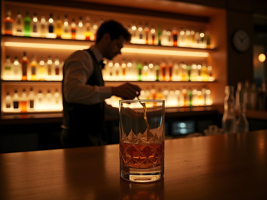 Atmospheric interior of a traditional Japanese whisky bar in Sapporo with backlit bottles