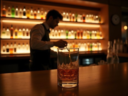 Atmospheric interior of a traditional Japanese whisky bar in Sapporo with backlit bottles