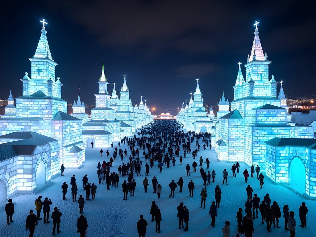 Massive illuminated snow sculptures at Sapporo Snow Festival at night with crowds