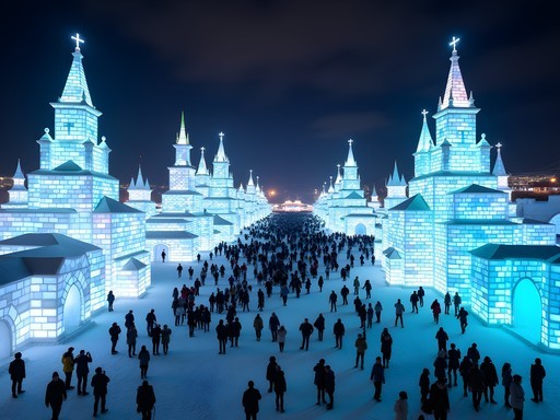 Massive illuminated snow sculptures at Sapporo Snow Festival at night with crowds