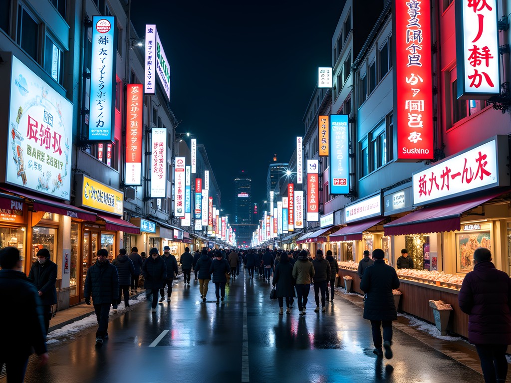 Neon lights of Susukino district reflecting on wet streets in Sapporo at night