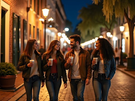 Group of friends walking along River Street at night in Savannah Georgia