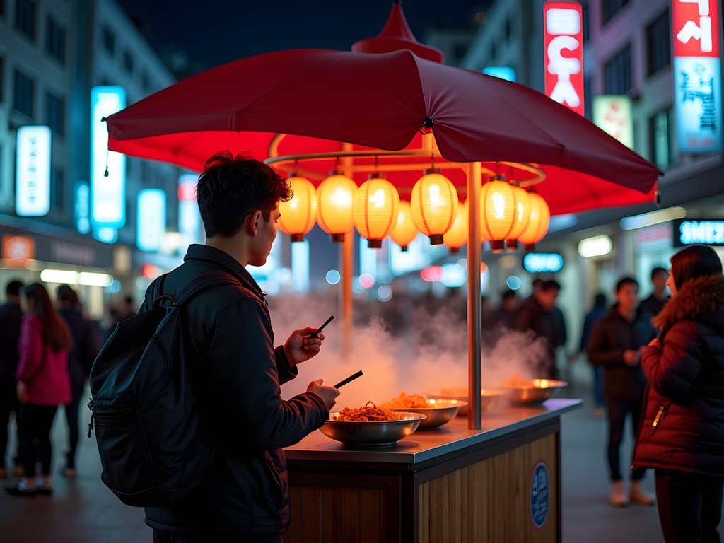 Solo traveler enjoying Hongdae nightlife with street food and neon lights