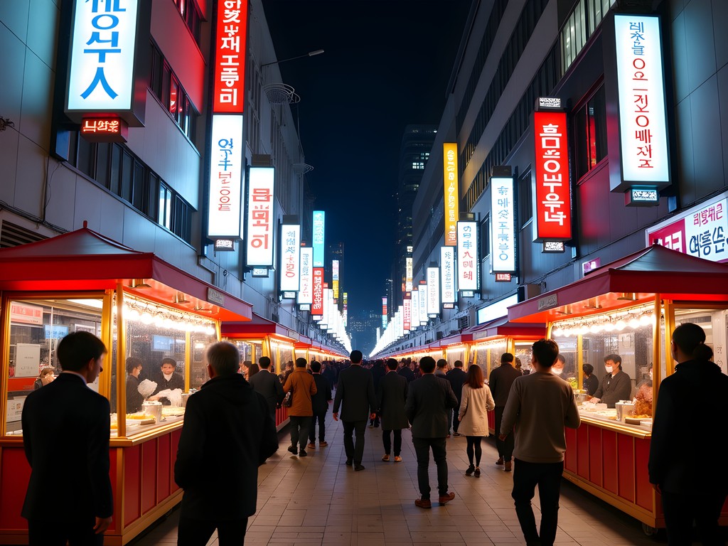 Vibrant Seoul nightlife street scene with neon signs and bustling crowds