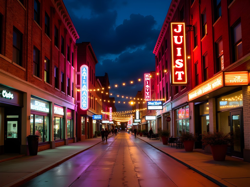 Shreveport's downtown entertainment district at night with illuminated venues and pedestrians