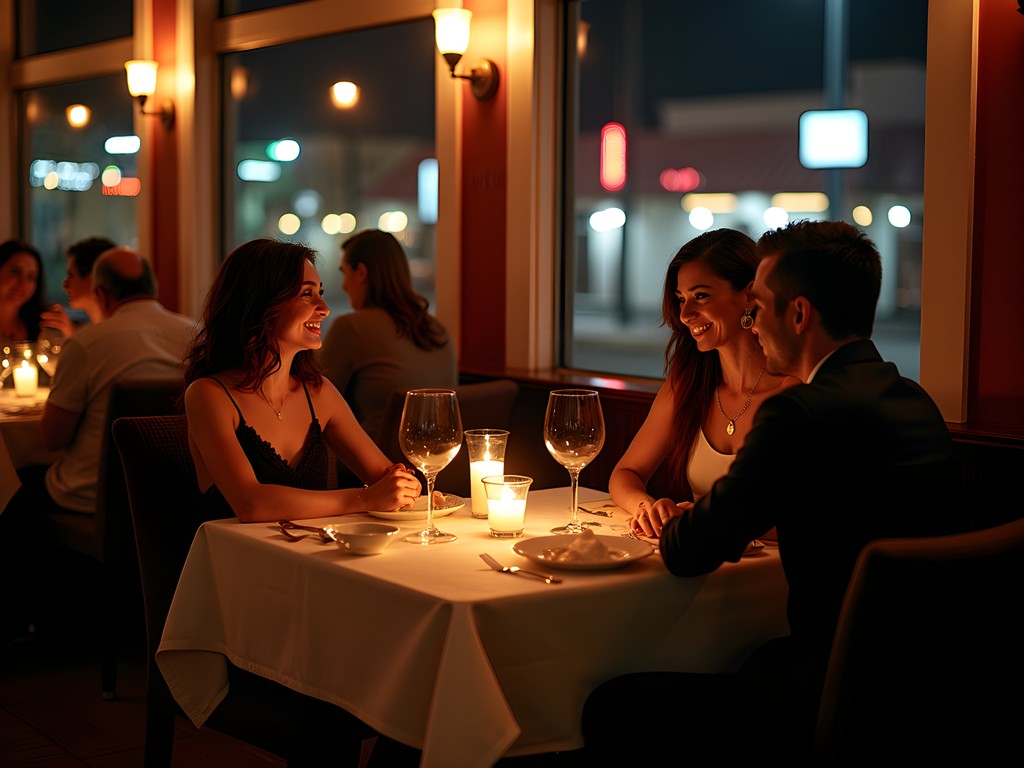 Romantic late-night dining setting in Shreveport restaurant with ambient lighting