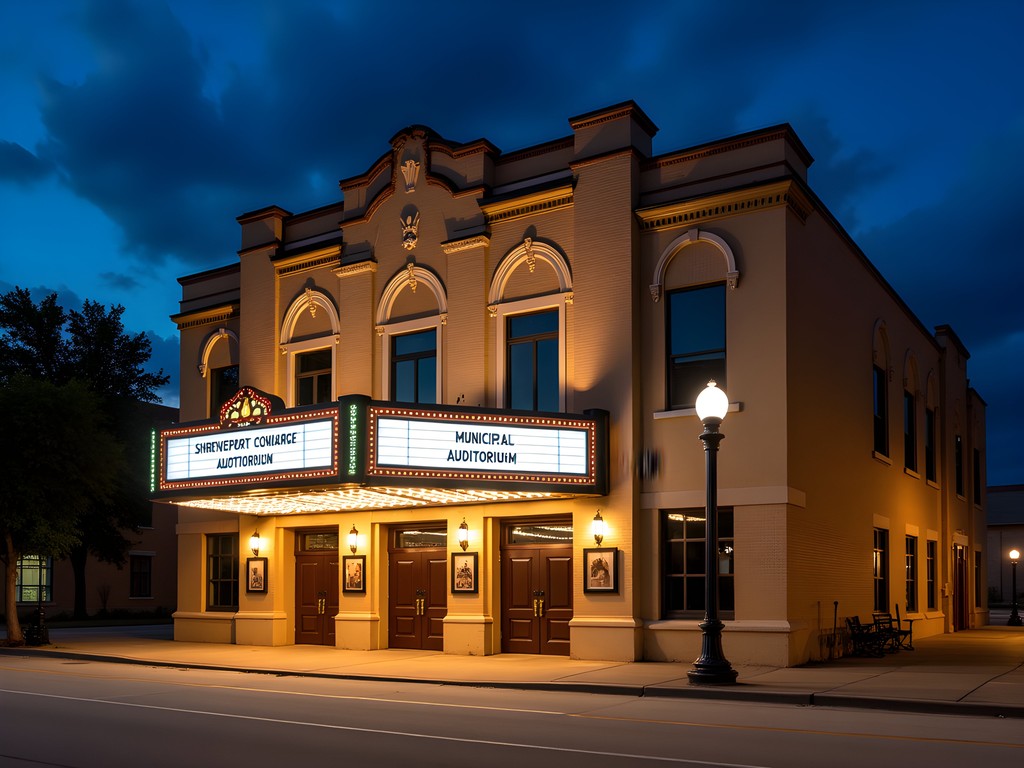 Historic Shreveport Municipal Auditorium illuminated at night with vintage marquee