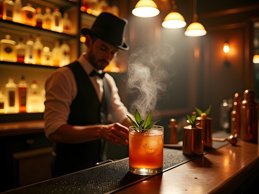 Elegant speakeasy-style bar in Shreveport with bartender crafting artisanal cocktails