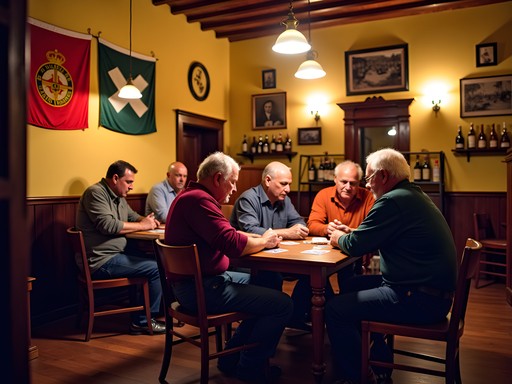 Interior of a traditional contrada society clubhouse in Siena at night