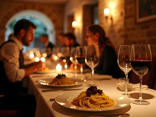 Elegant late-night dining scene in traditional Sienese restaurant