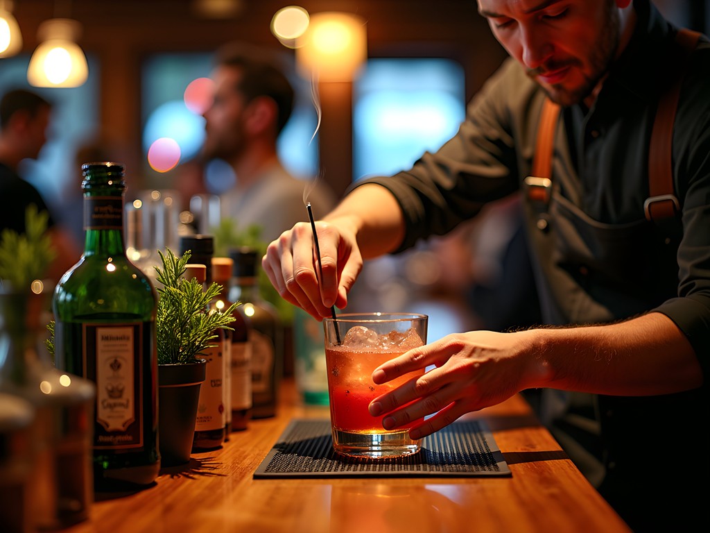 Bartender preparing craft cocktails with precision tools and fresh ingredients