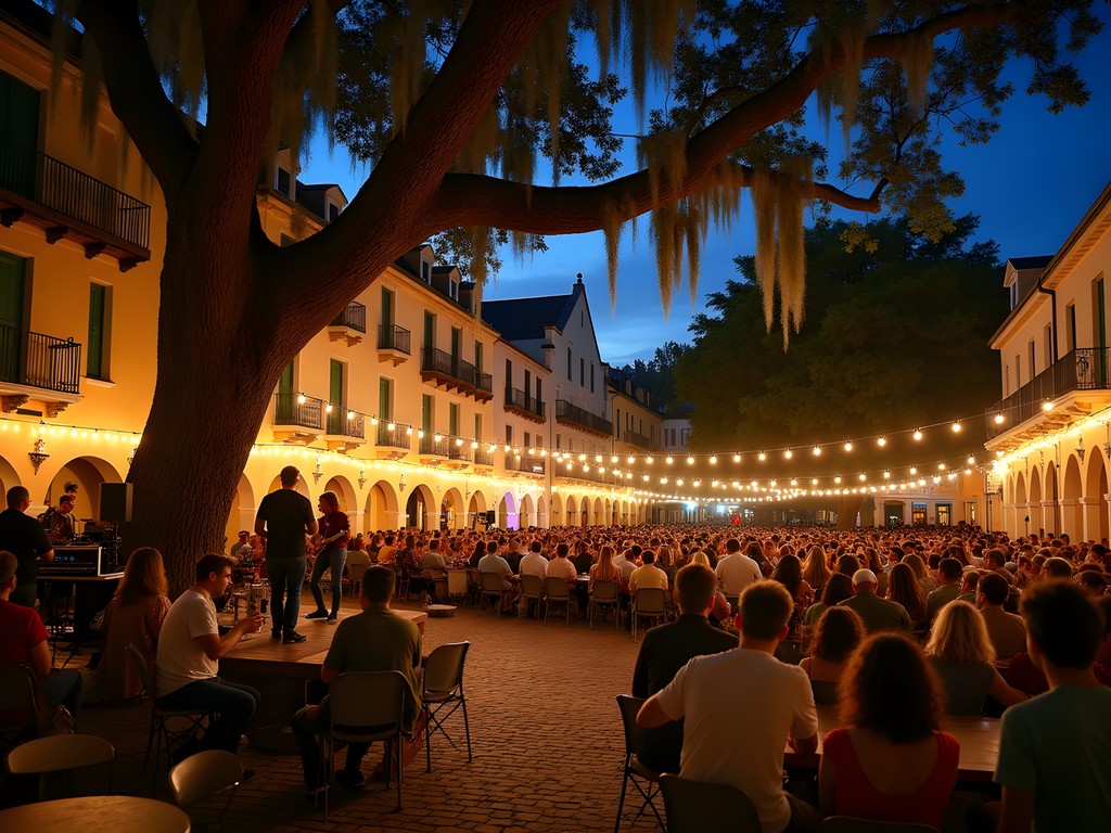 Live outdoor concert at Colonial Quarter in St. Augustine with historic buildings and oak trees