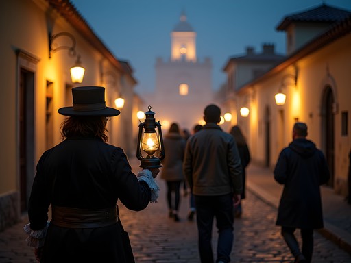 Lantern-led ghost tour group in front of St. Augustine's historic Castillo de San Marcos at night