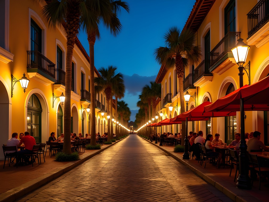 Historic St. George Street in St. Augustine illuminated at night with colonial buildings and string lights