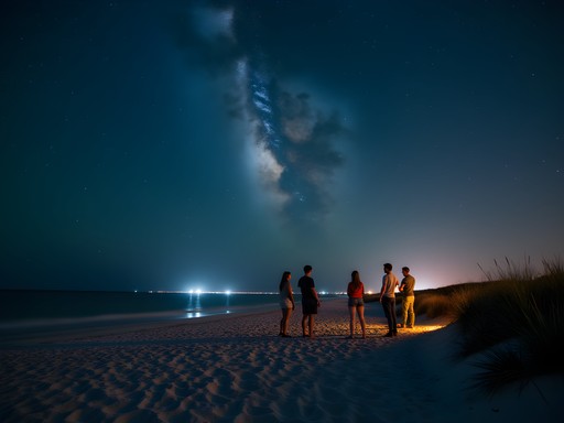 Group of friends stargazing on Vilano Beach at night with St. Augustine lights visible in distance