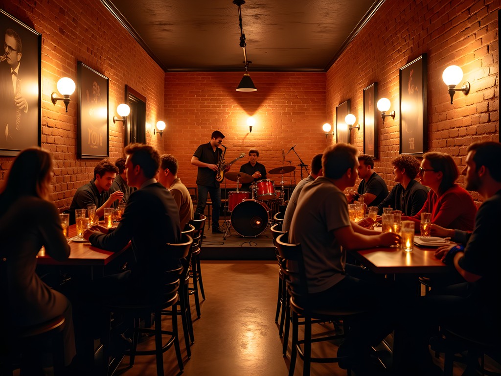 Intimate jazz club in St. Louis with warm lighting and musicians performing on stage