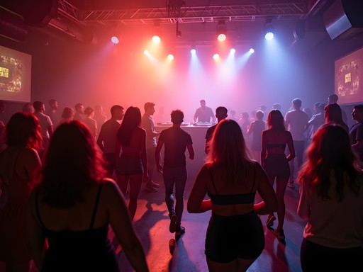 Vibrant dance floor scene at a popular St. Louis nightclub with colorful lighting