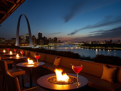 Stunning nighttime view of St. Louis skyline with Gateway Arch from a rooftop bar