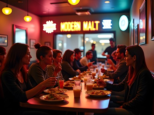 Vibrant interior of Modern Malt diner in Syracuse with late-night diners enjoying elevated comfort food