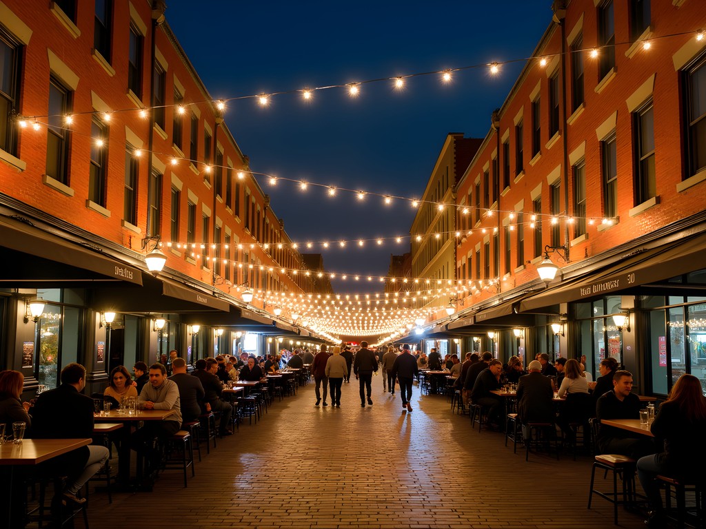 Vibrant nightlife scene in Syracuse's historic Armory Square district with illuminated buildings and people enjoying outdoor seating