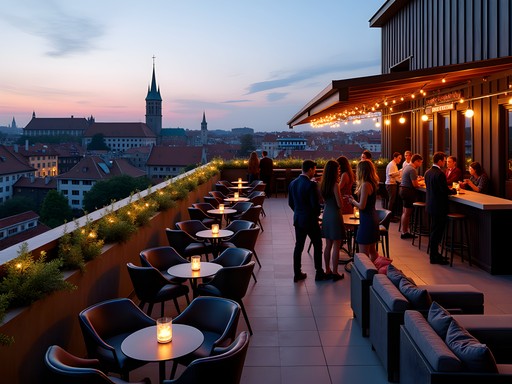 Rooftop bar in Rotermann Quarter with medieval Old Town skyline visible in background at twilight