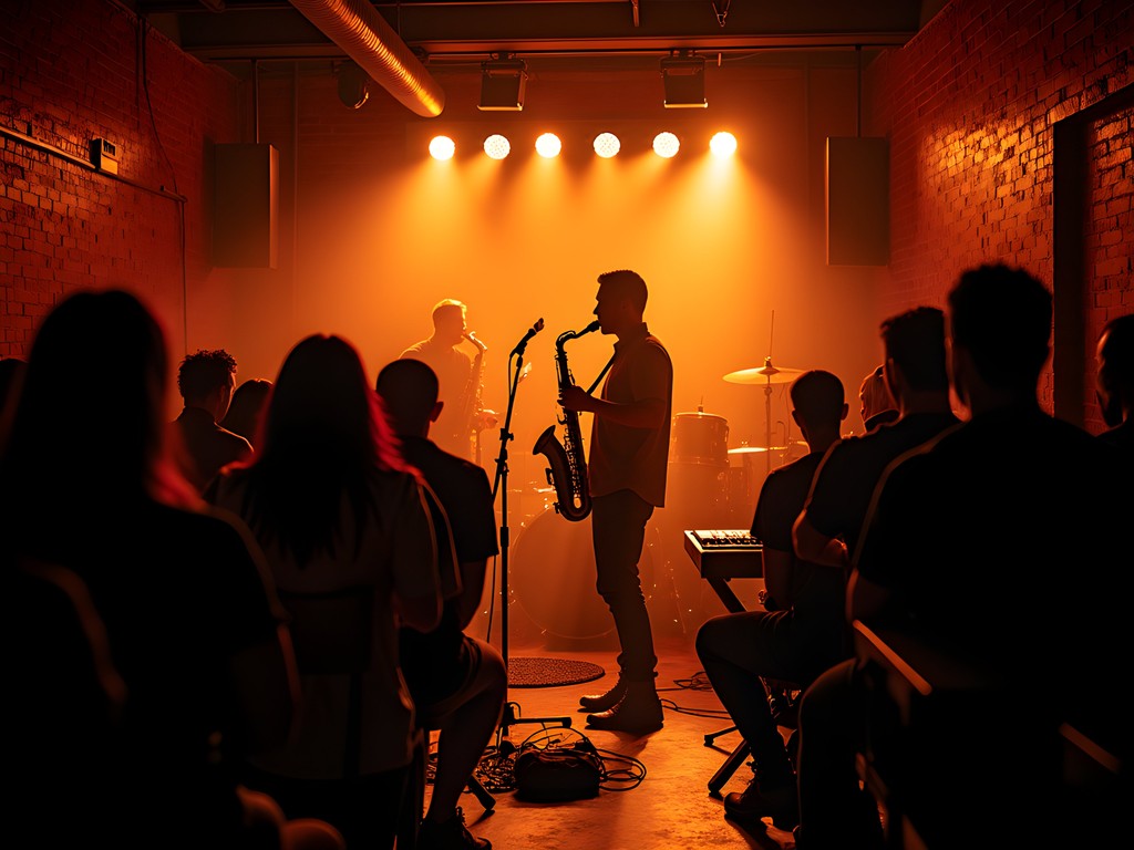 Live jazz performance in intimate Tampa nightclub with saxophone player on stage