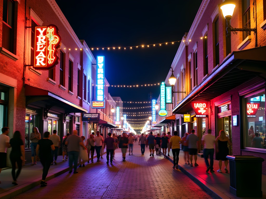 Colorful nighttime street scene in Tampa's historic Ybor City entertainment district