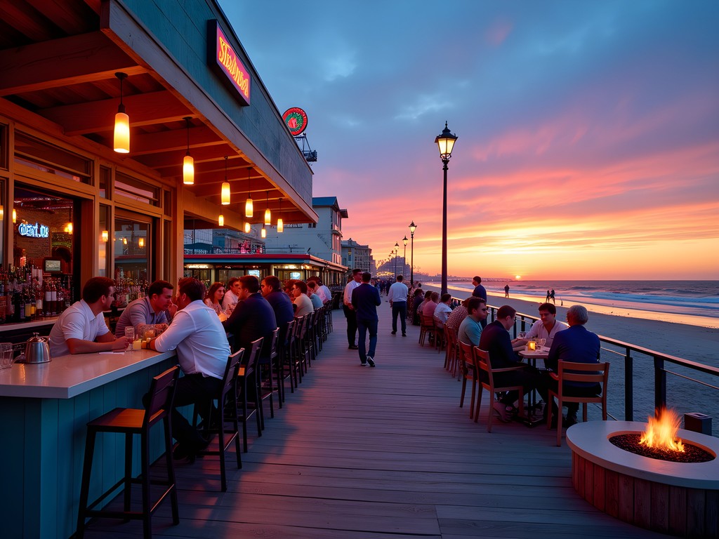 Vibrant Virginia Beach oceanfront bars at sunset with colorful lights and outdoor seating