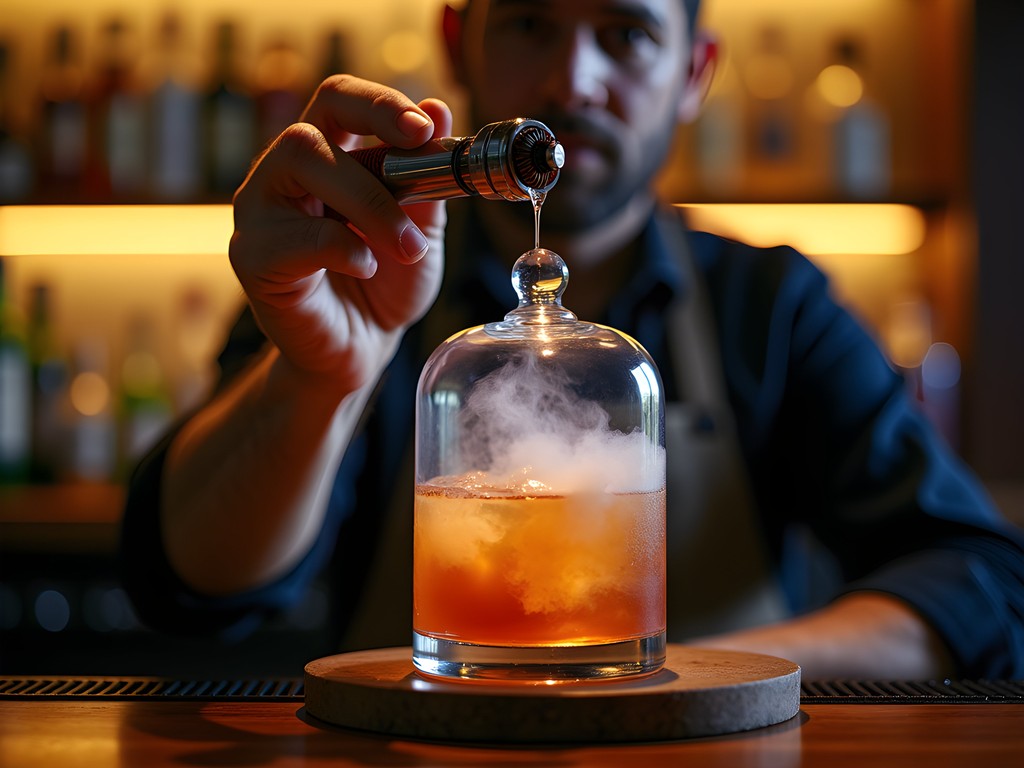 Bartender preparing craft cocktail with smoke infusion technique at Bobcat Bonnie's in Warren