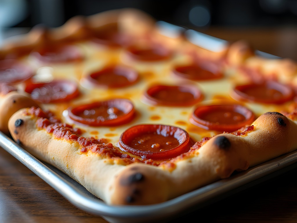Rectangular Detroit-style pizza with caramelized cheese edges at Malone's Tavern in Warren