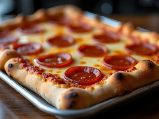 Rectangular Detroit-style pizza with caramelized cheese edges at Malone's Tavern in Warren