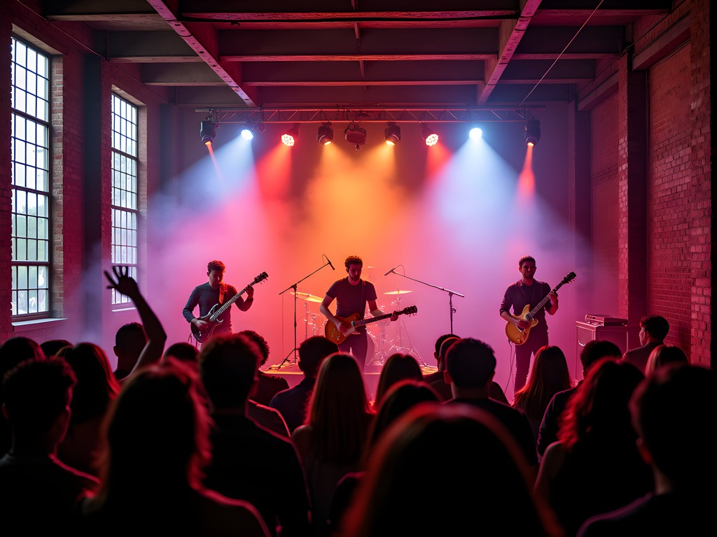Live band performing in repurposed industrial space with exposed beams in Warren, Michigan